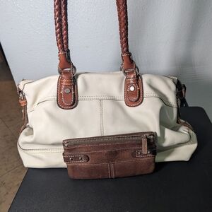 FOSSILS CREAM LEATHER LADIES BROWN BRAIDED LEATHER HANDLE PURSE with wallet